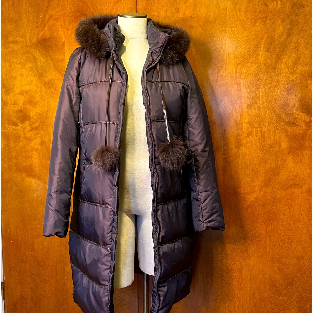 Via Spiga Hooded Down Puffer Coat - Chocolate Brown